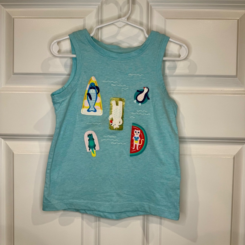 Cat & Jack Kids Size 4T Blue Tank Top Fun Beach Pool Summer Water Play Appliques